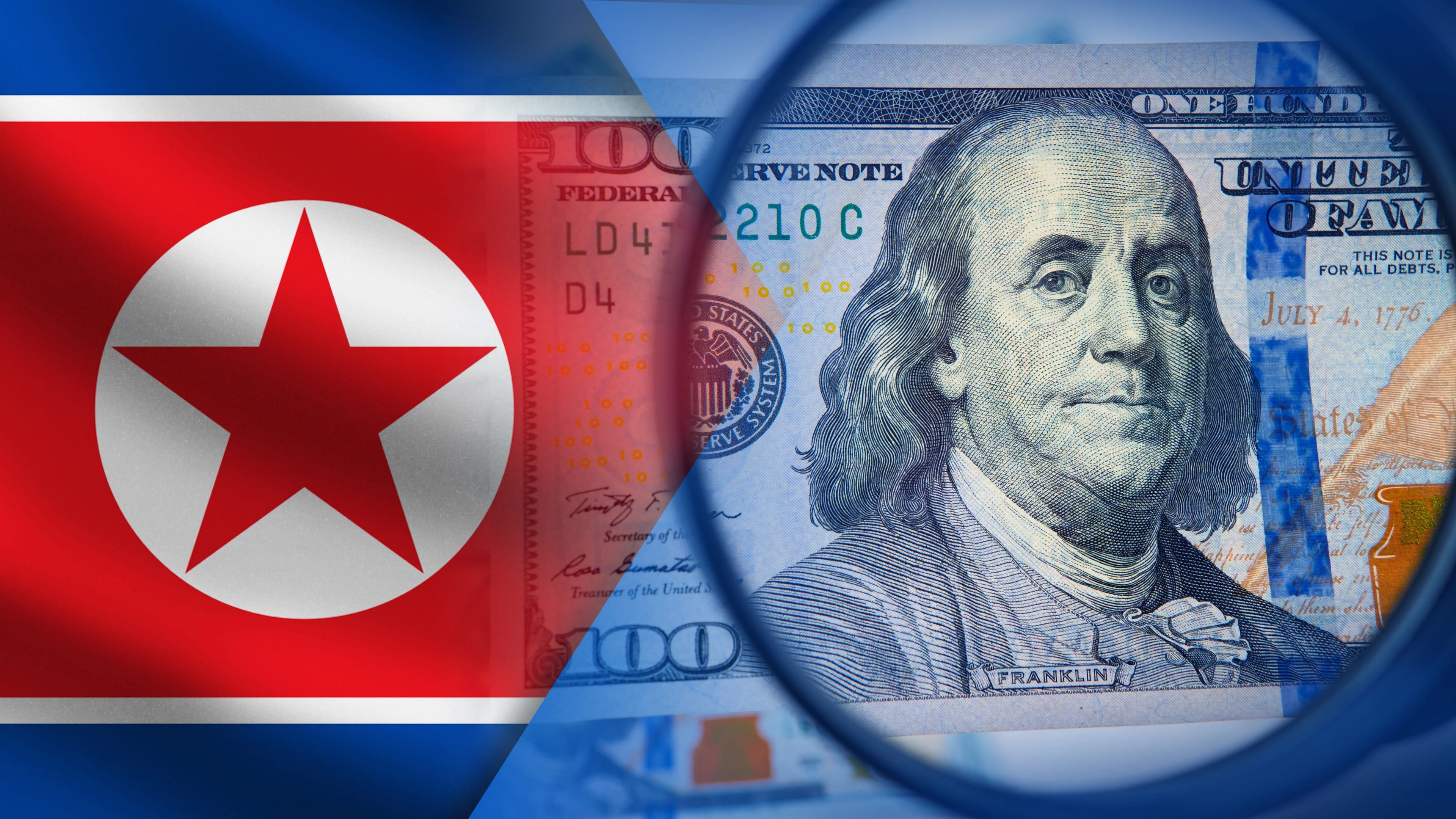 Economy,Of,North,Korea.,Flag,Of,Dprk.,Dollars,Under,Magnifying