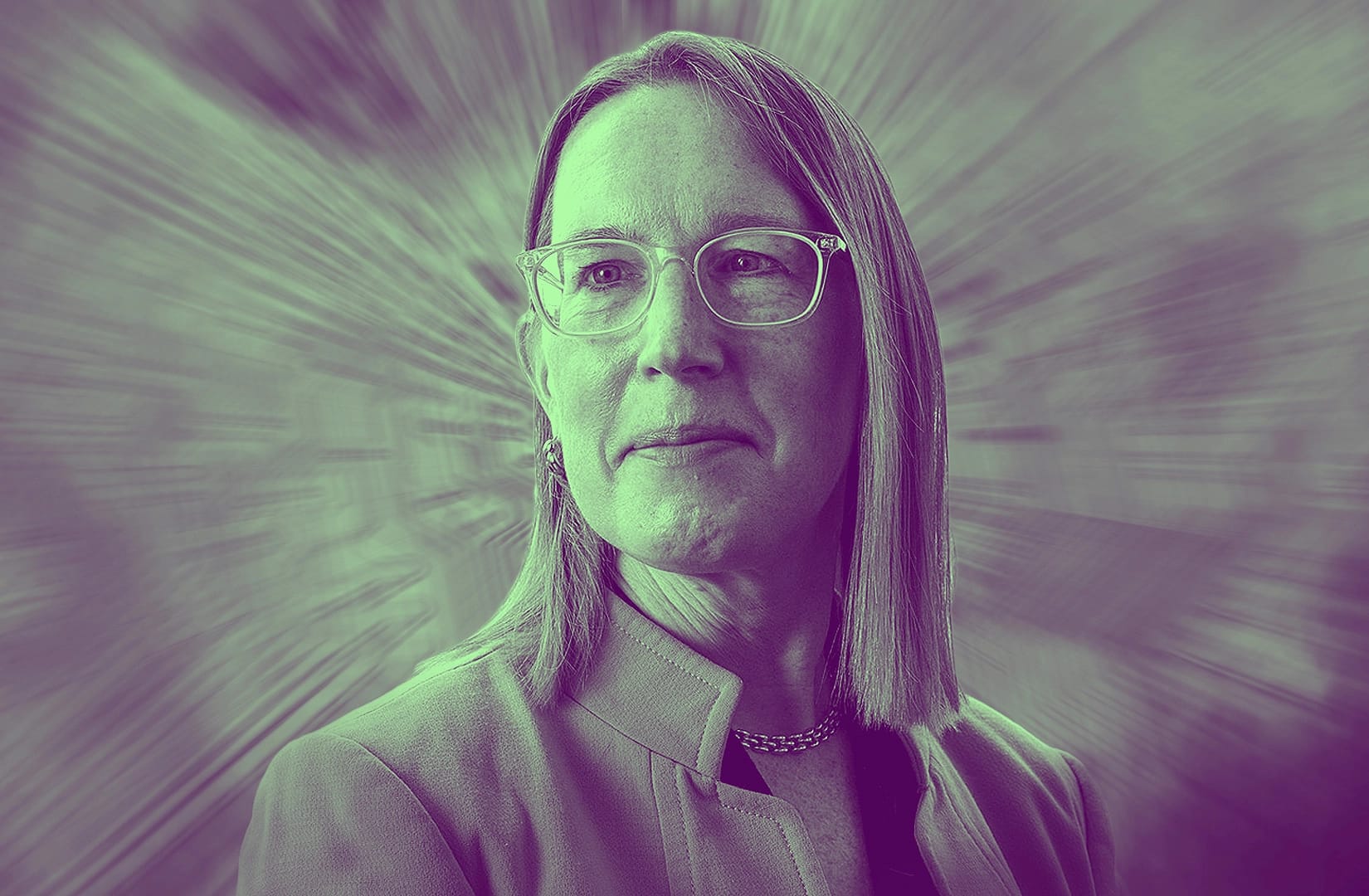 Portrait of Hester Peirce on a moving blurred background.