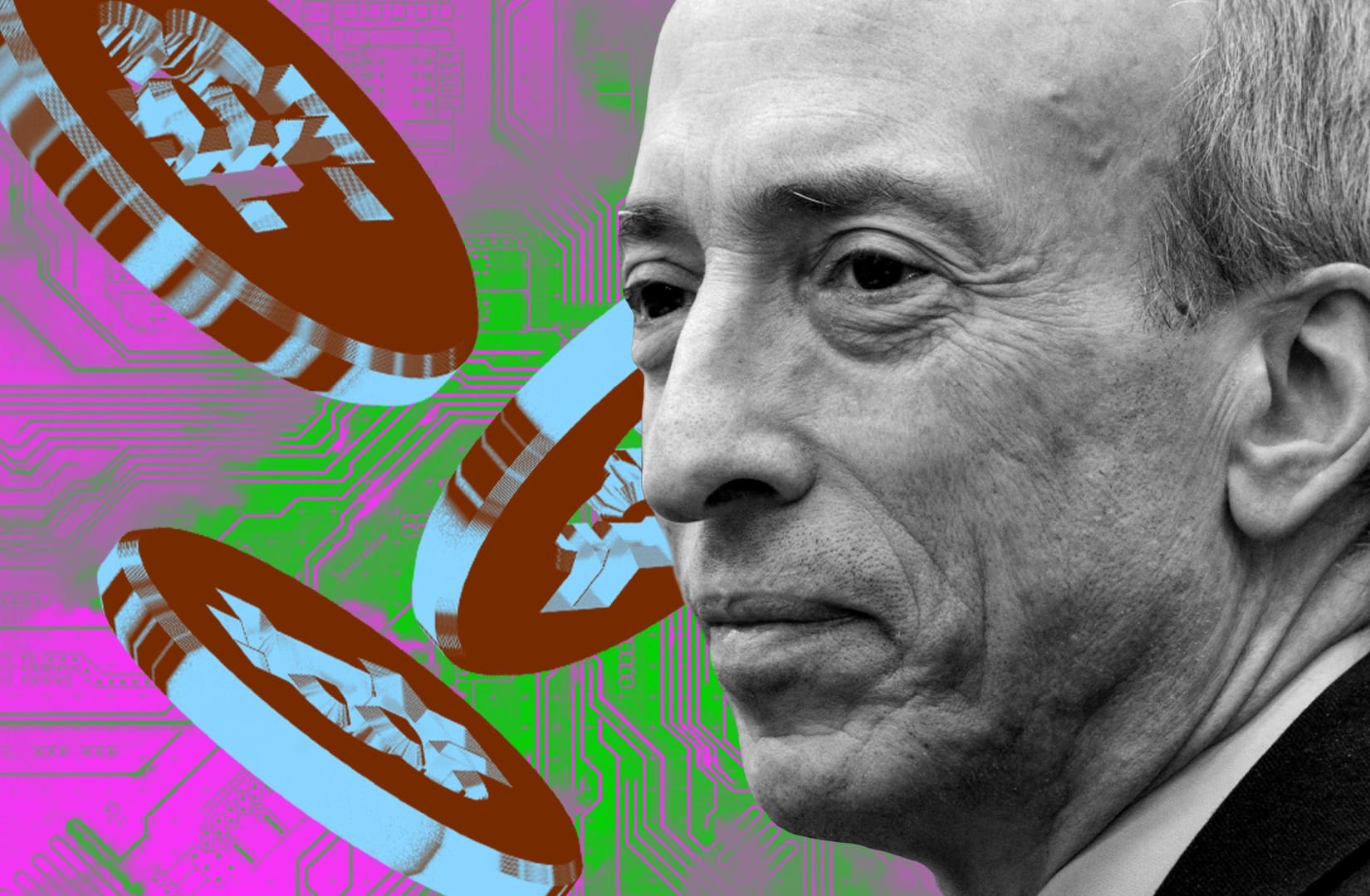Portrait of Gary Gensler with superimposed Bitcoins over a background of a circuit board.