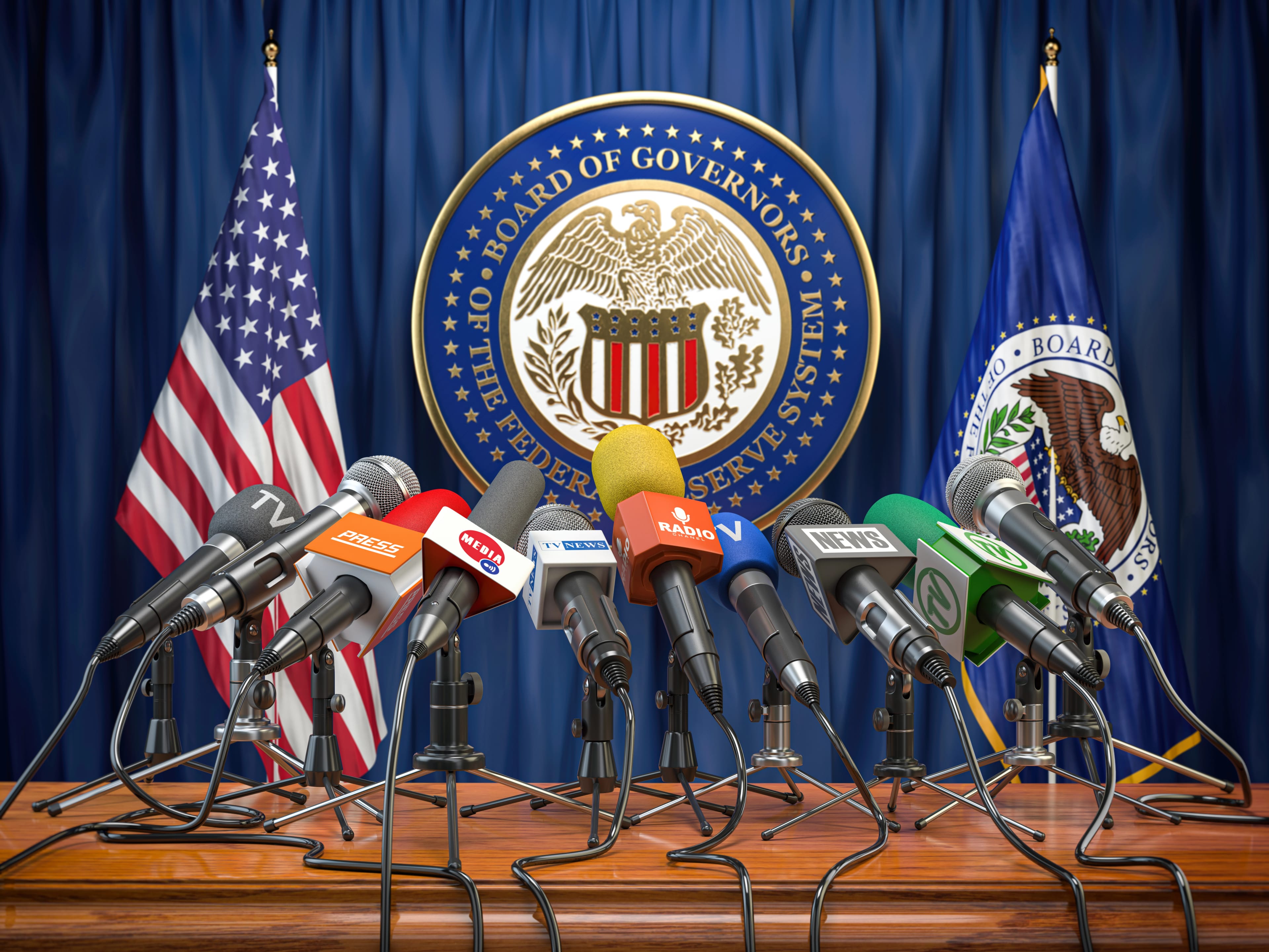 Federal,Reserve,System,Fed,Of,Usa,Press,Conference,Concept.,Microphones