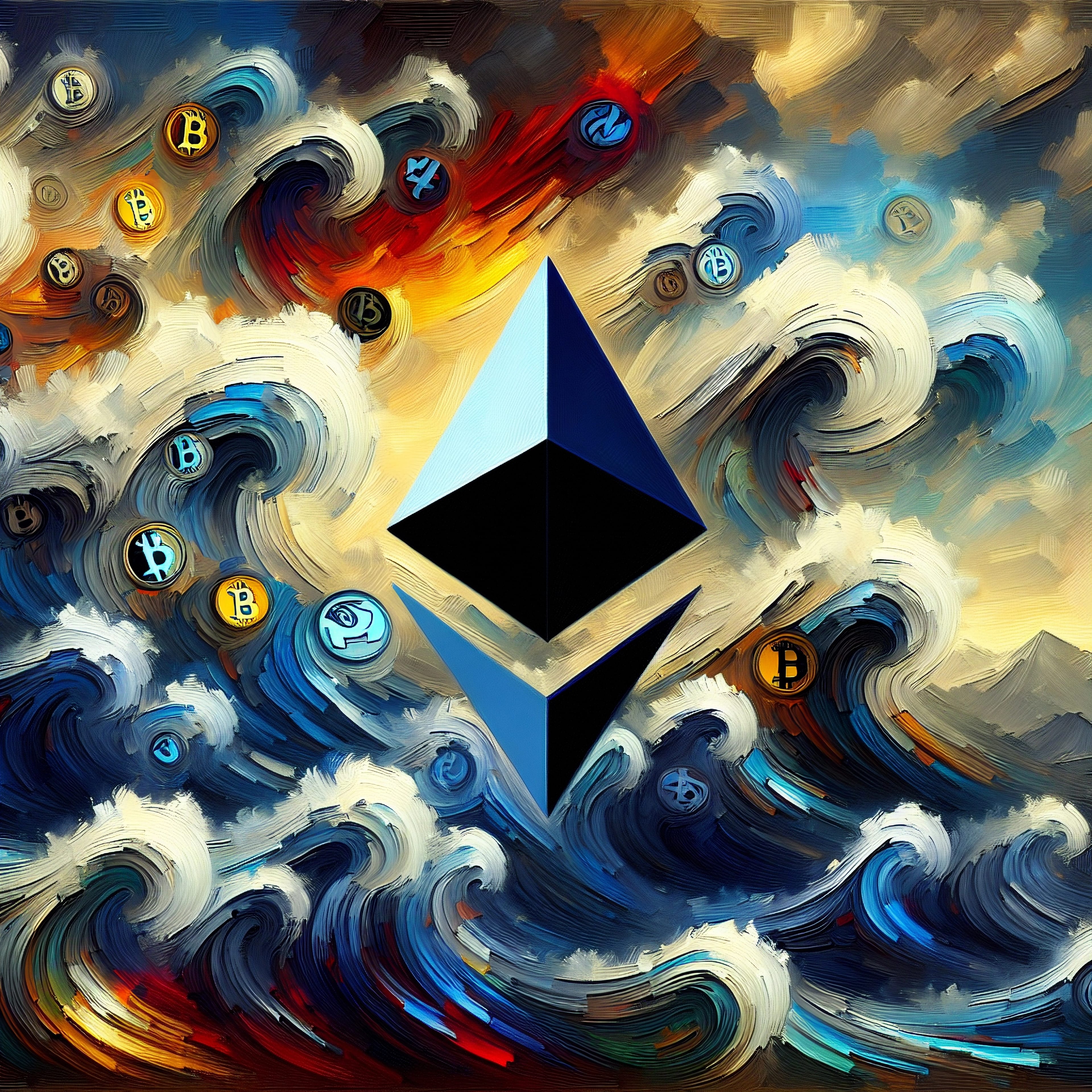 An,Oil,Painting,With,Vigorous,Brush,Strokes,Of,Ethereum,Logos