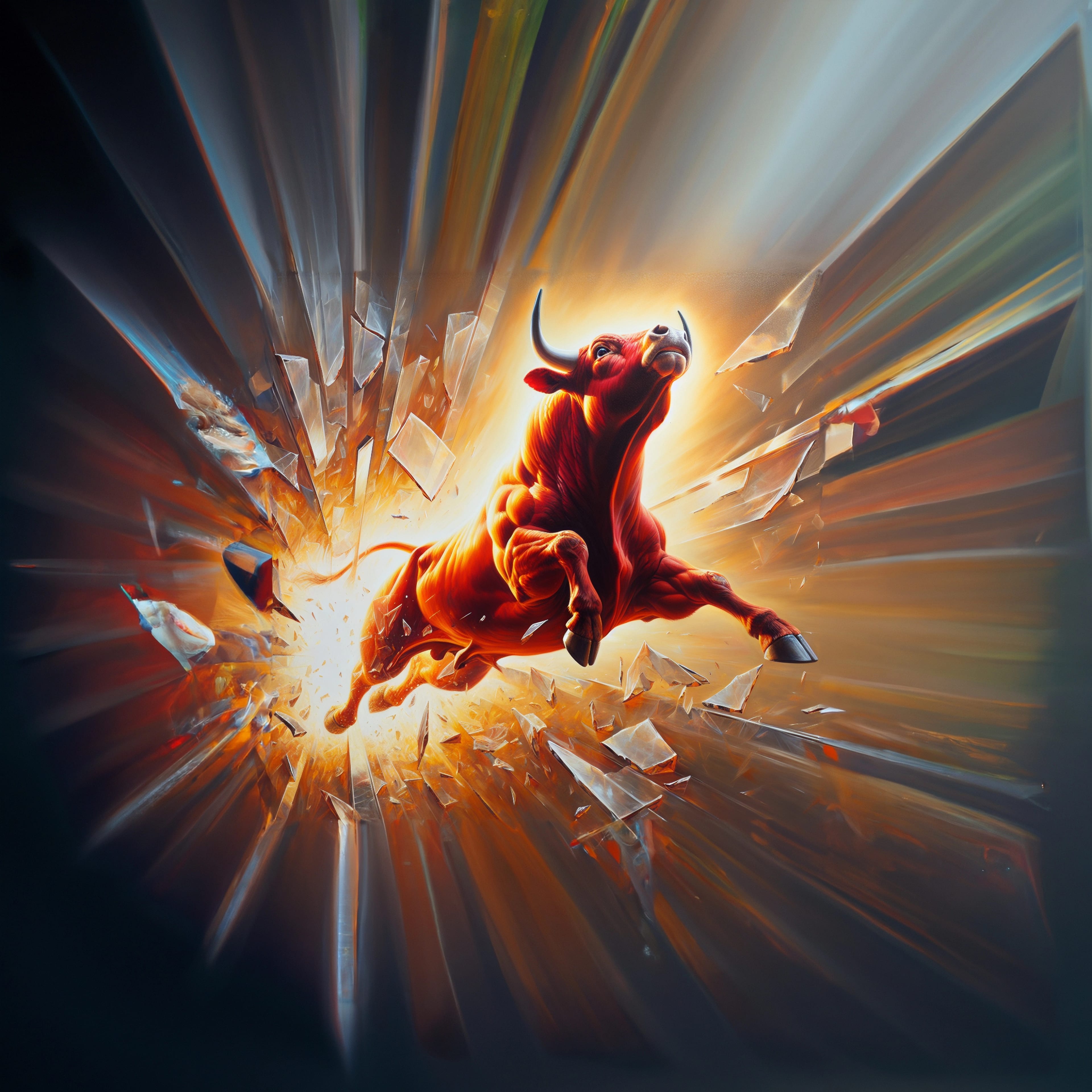 Oil,Painting,Artistic,Image,Of,Red,Bull,Flying,Upwards,Like