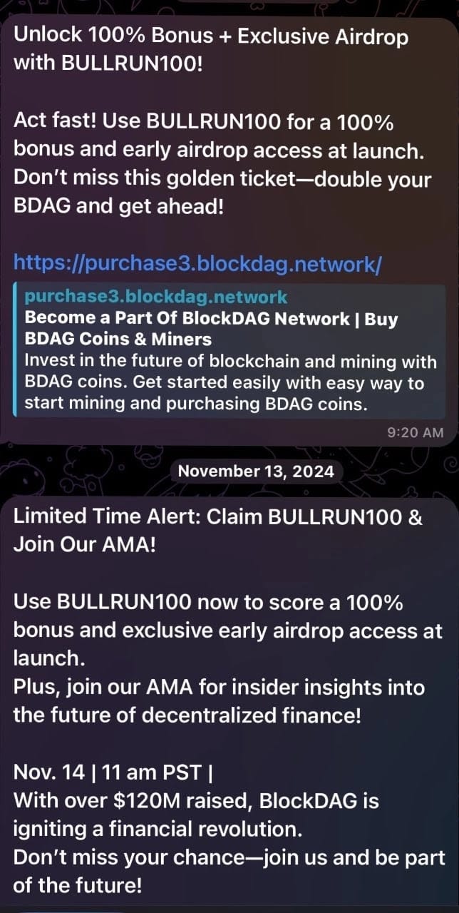 BlockDAG Telegram channel advertising a 100% token bonus for investors. Source: BlockDAG investor screenshot.