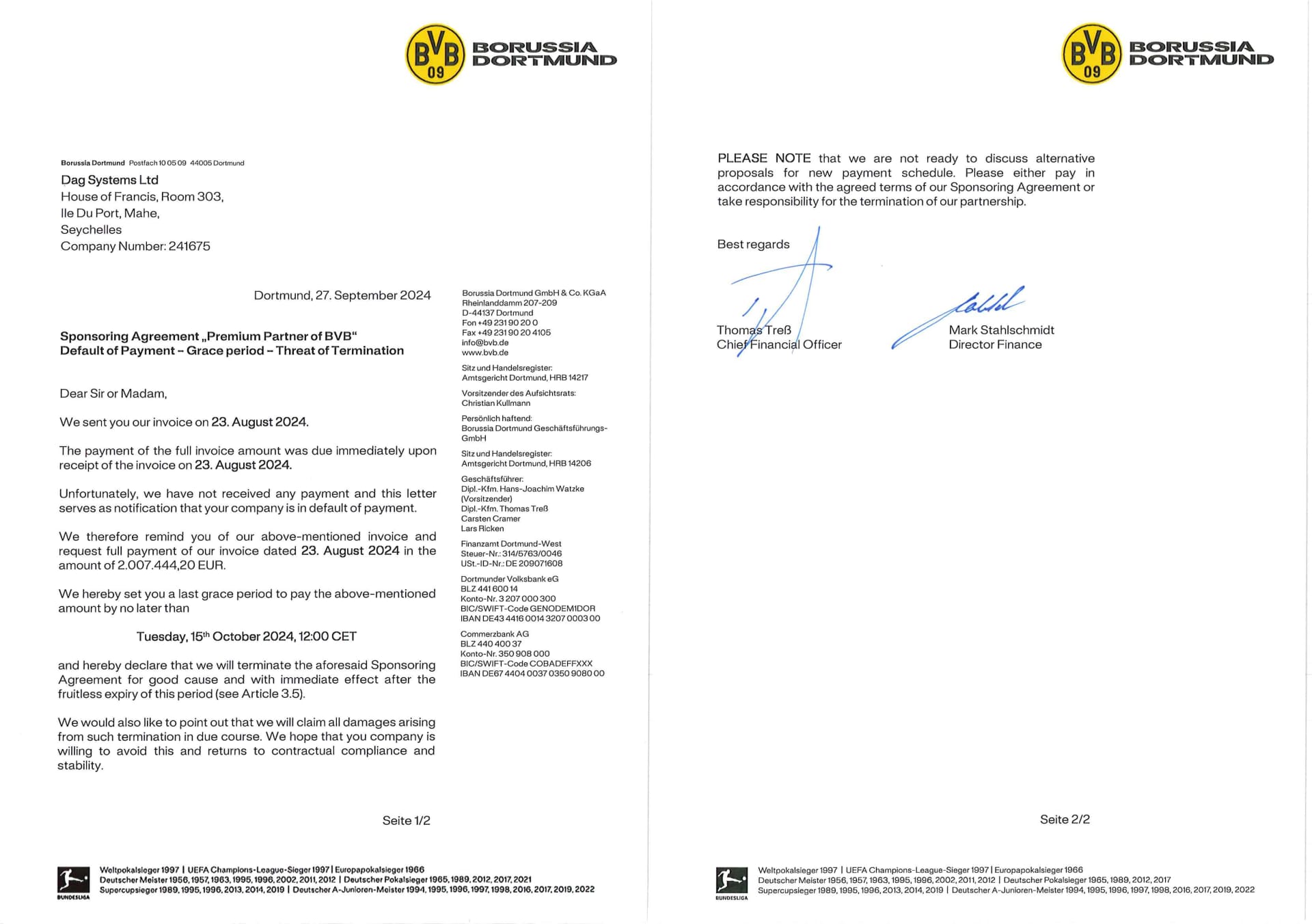 Breach of sponsorship agreement letter from German soccer team, Ballspielverein Borussia 09 e. V. Dortmund, from September 2024. Source: BlockDAG investor.