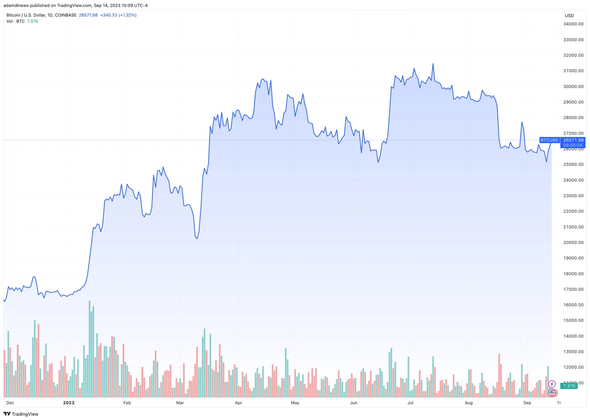 Bitcoin price movement year-to-date, showing the price of the asset steadily increasing.